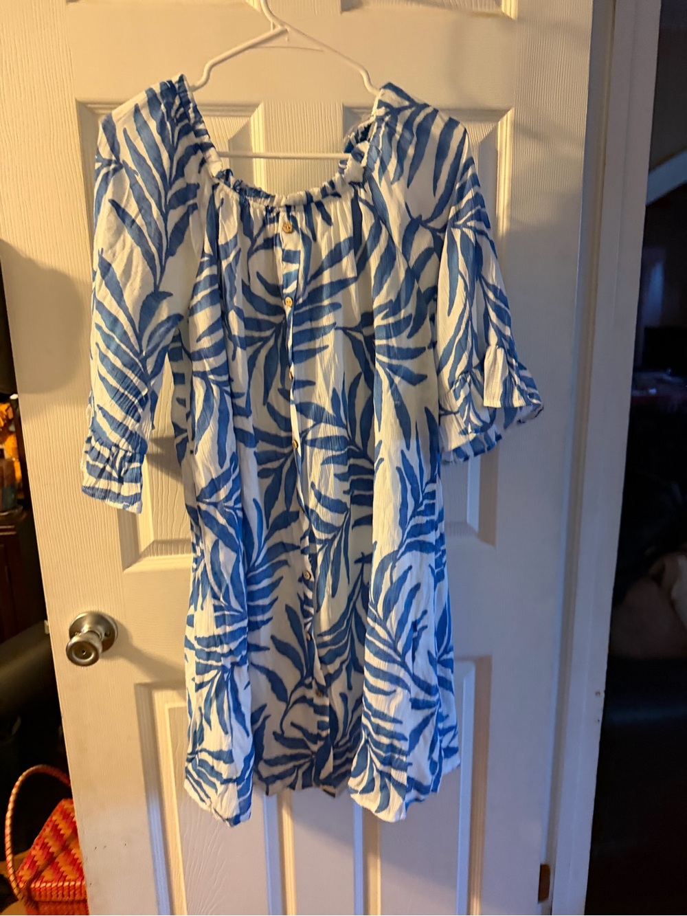 NAIF White and Blue  leaf print button Tropical Print Women's Dress